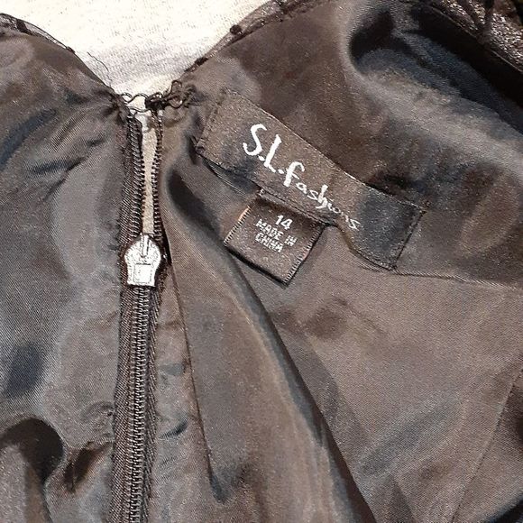 SL Fashions Black Formal Mini Dress w/Attached Scarf 14 GUC - Picture 4 of 11